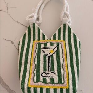 Viral Green martini Striped Beaded Tote Bag